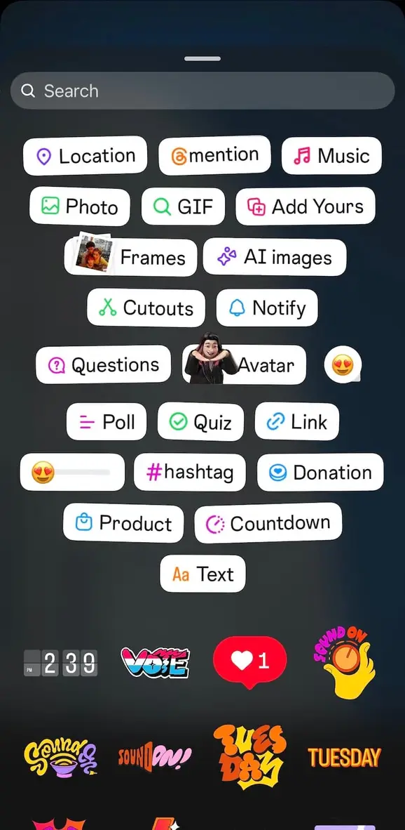 The Instagram Story stickers menu.