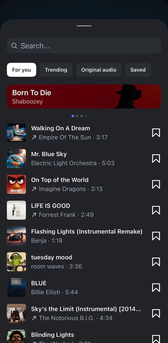 The Instagram Story music menu.
