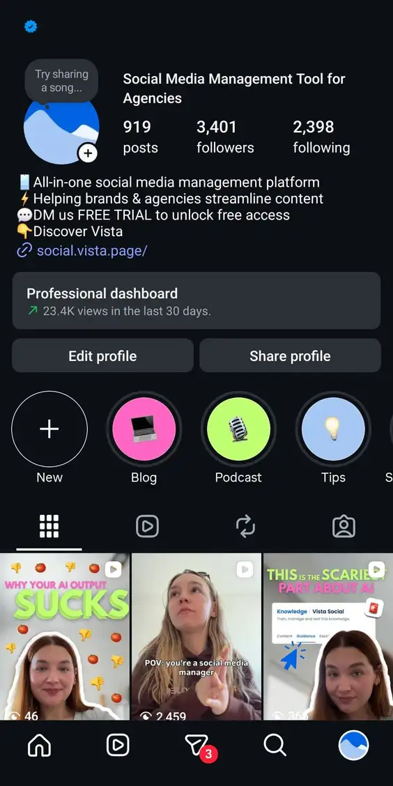 A screenshot of Vista Social's Instagram profile.