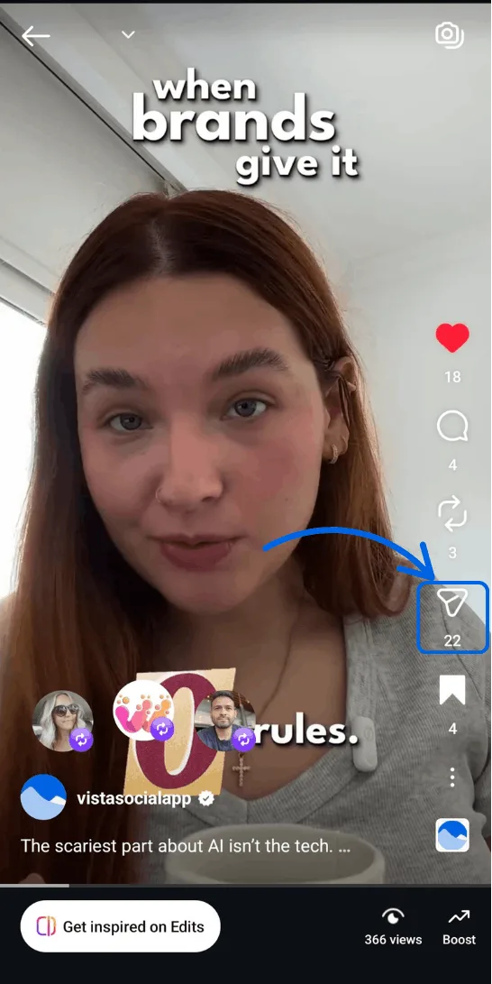 A screenshot pointing out the paper airplane sharing icon on an Instagram reel.