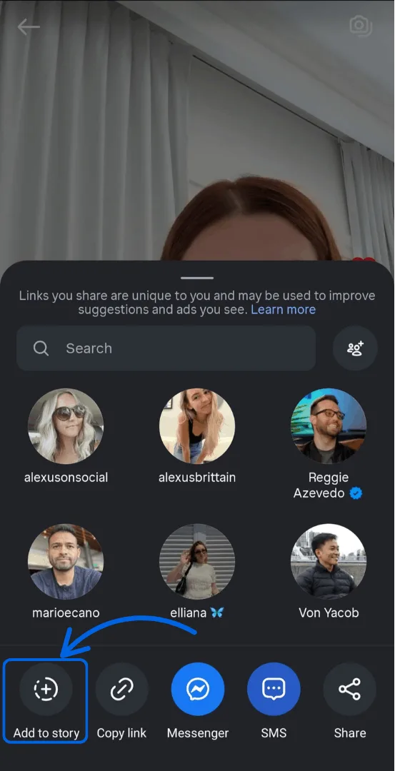 A screenshot pointing out the "Add to story" option for sharing an Instagram Reel.