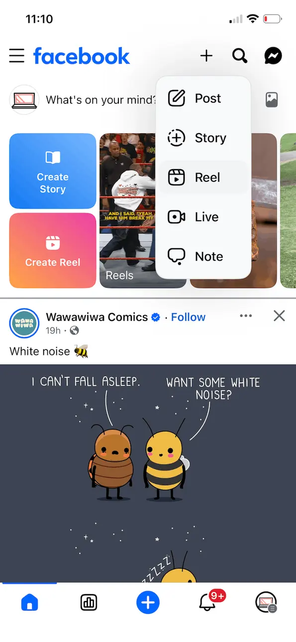 A screenshot showing how to share a Reel on the Facebook app.