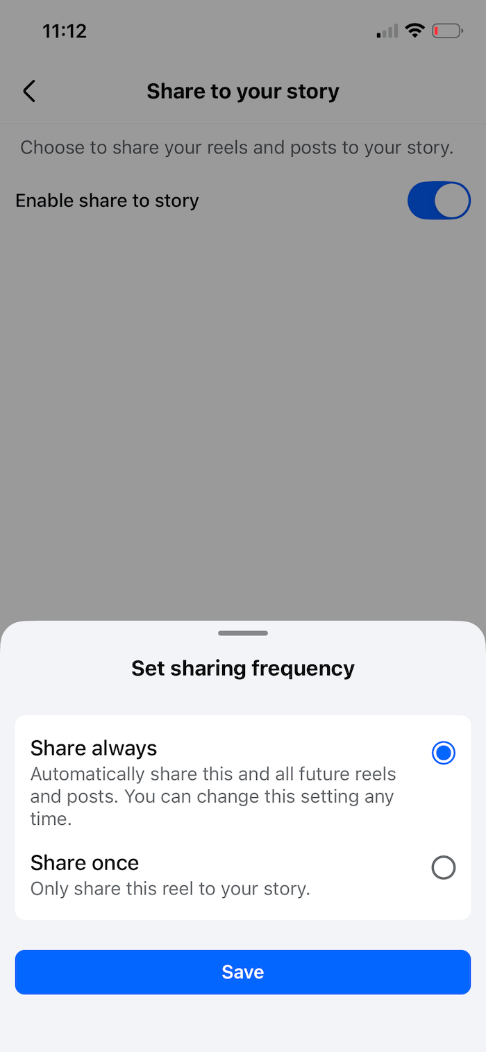 A screenshot showing where users can decide to automatically share every new Reel to their Stories or just once.