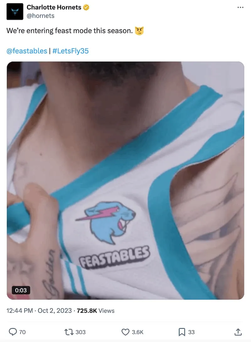 A tweet promoting an influencer partnership between MrBeast and the Charlotte Hornets.