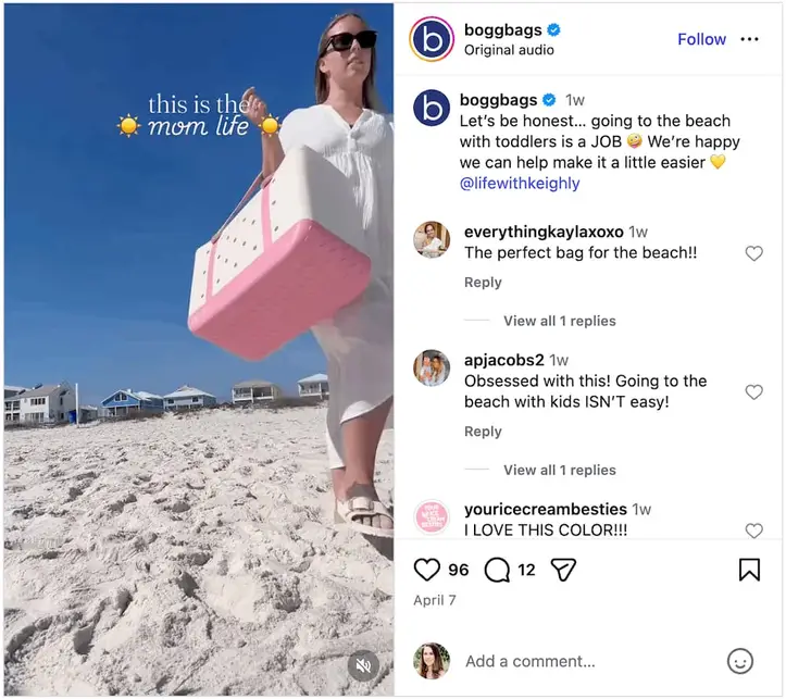 An example of influencer marketing from Bogg Bags.