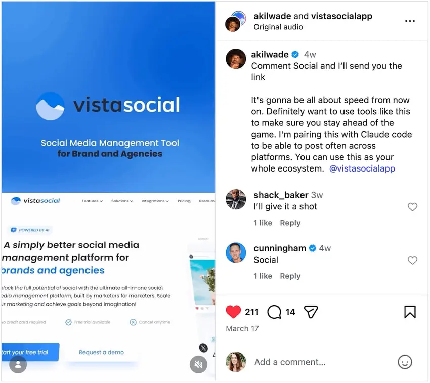 An example of influencer marketing from Vista Social.