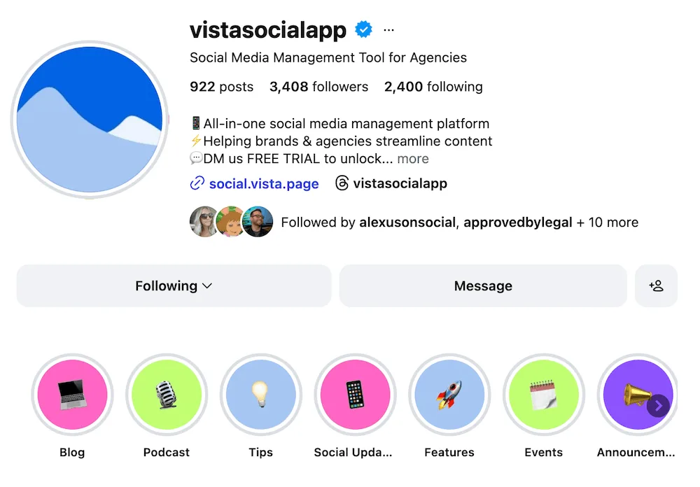 A screenshot of Vista Social's optimized Instagram bio.