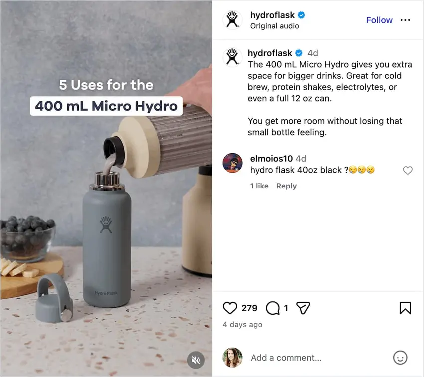 An Instagram Reel from Hydroflask sharing 5 uses for the 400 mL Micro Hydro.
