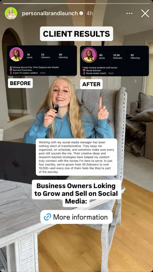 An Instagram story from Personal Branch Launch sharing a case study.