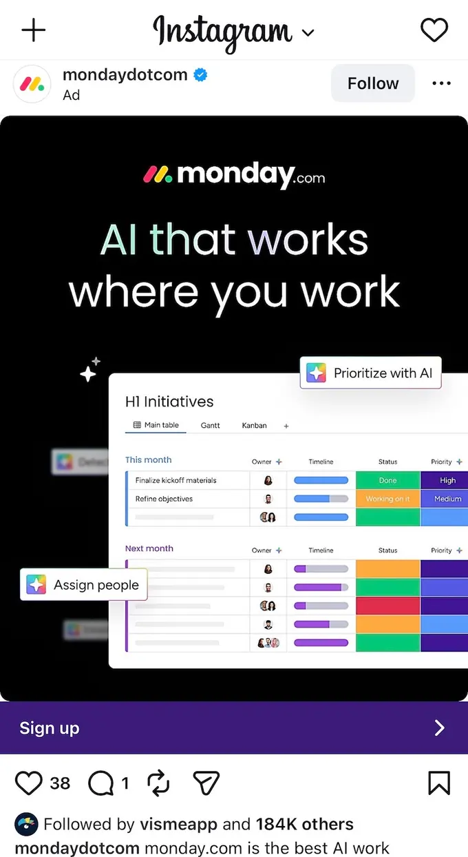 An Instagram ad example from monday.com.