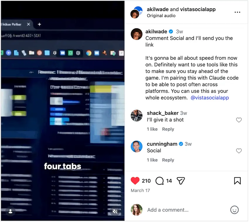 An Instagram influencer post made about Vista Social.