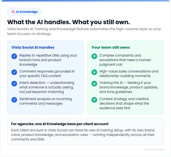 An infographic sharing what AI versus humans can handle in Instagram DMs.