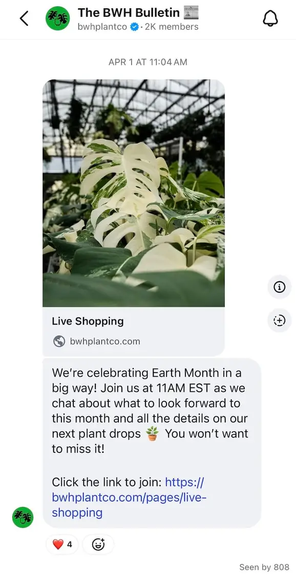 An Instagram broadcast channel post example from BWH Plant Co.
