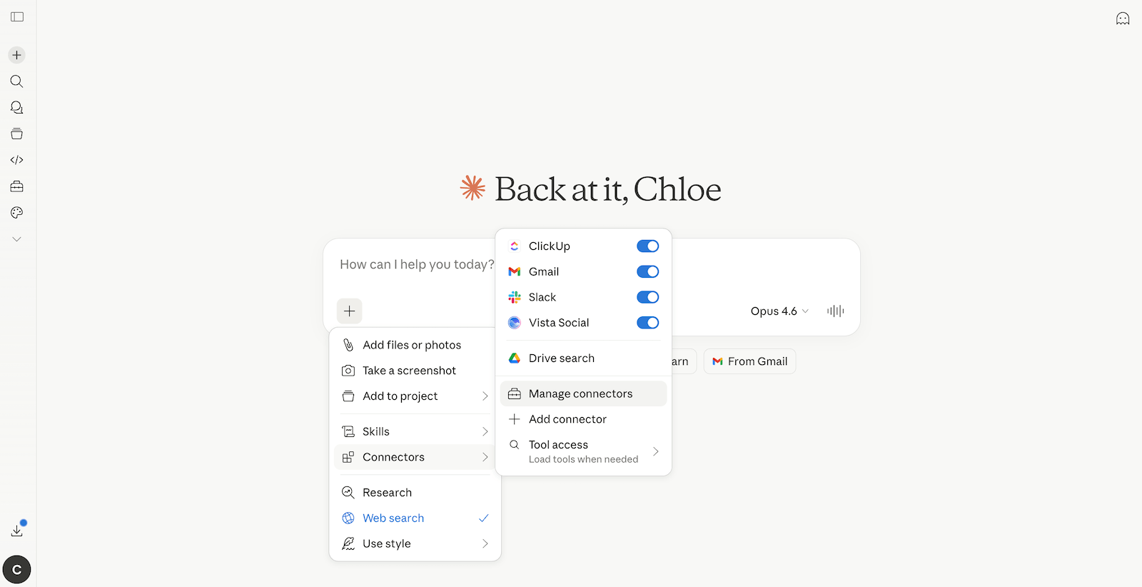 Claude's homepage with its connector settings open.