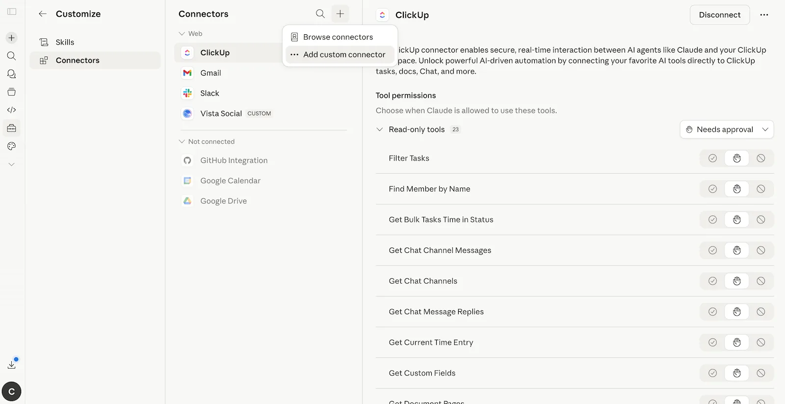 Claude's connector settings with the option to add a custom connector selected.