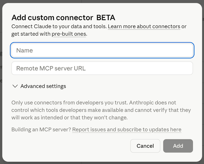 The add custom connector window in Claude.