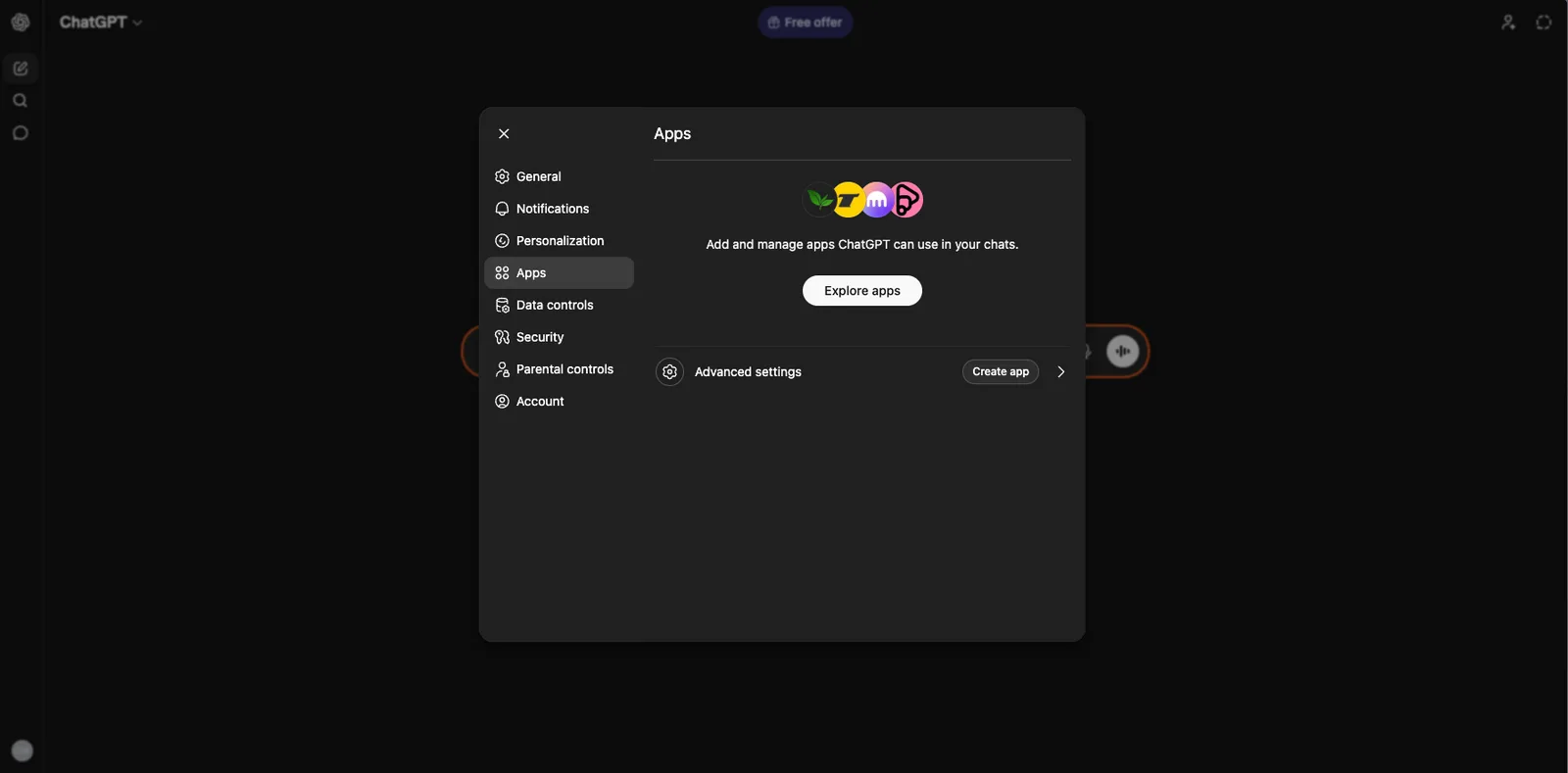 The apps dashboard in ChatGPT.