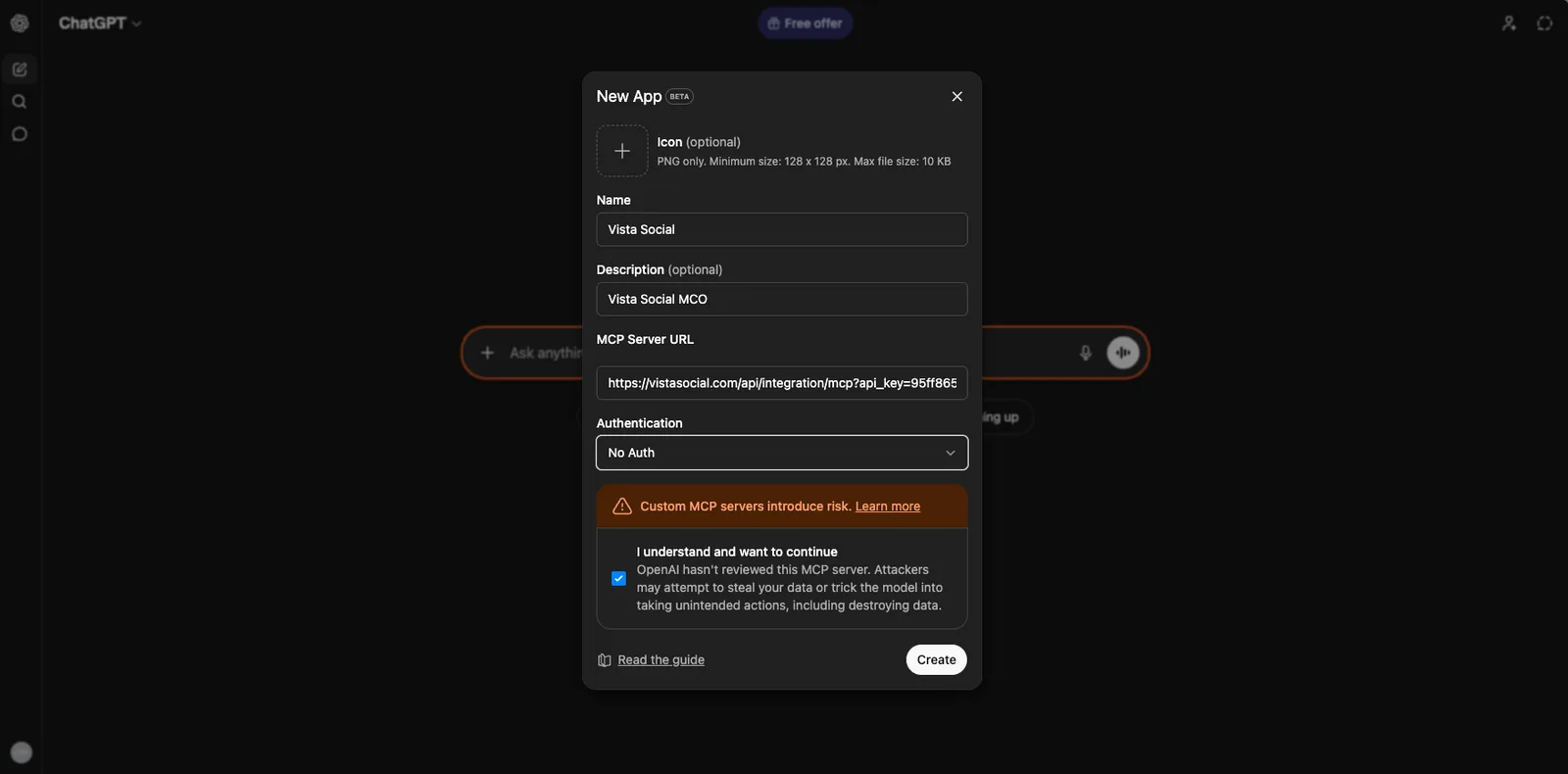 MCP connector settings in ChatGPT.