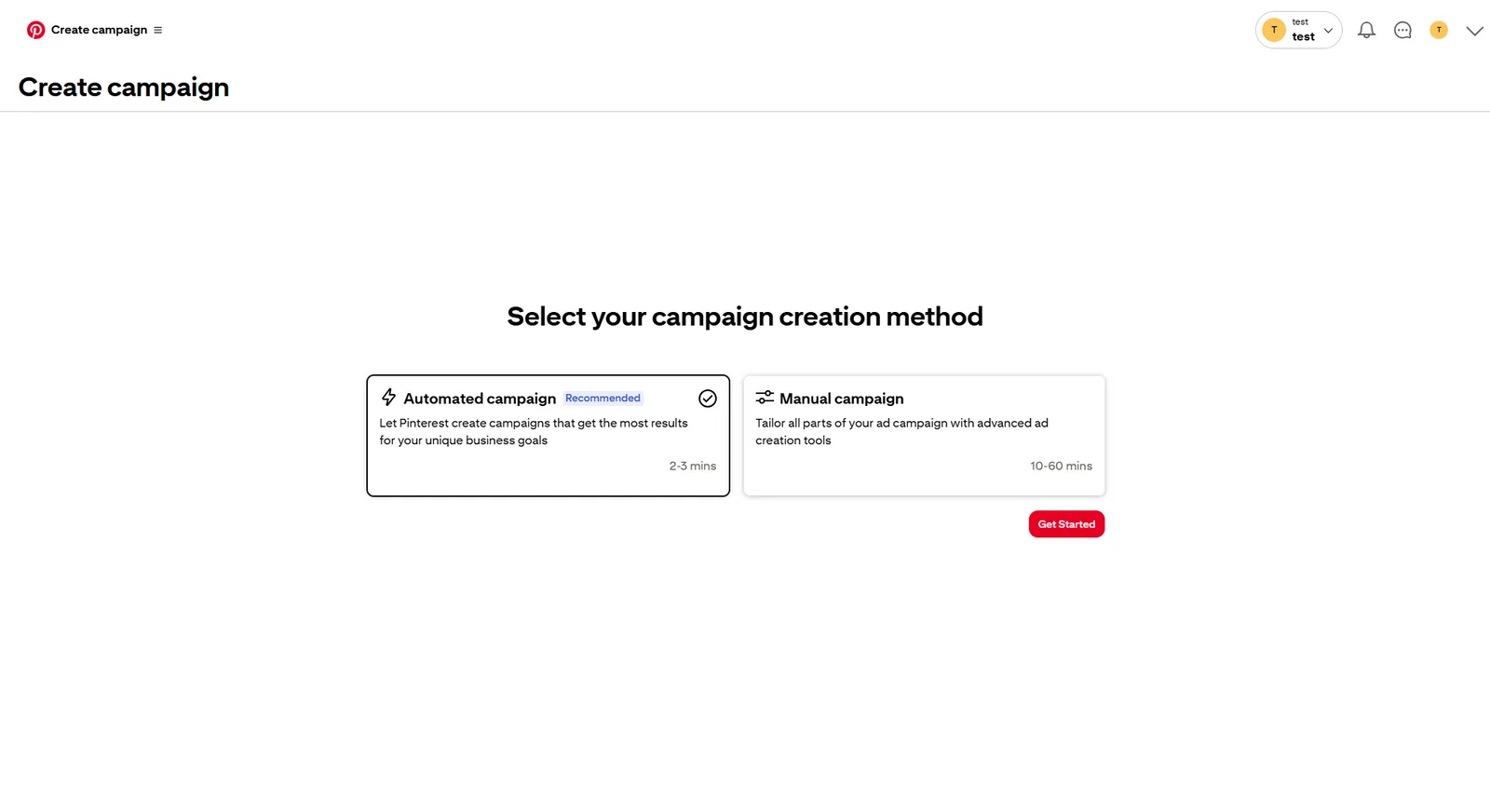 Select your Pinterest campaign creation method: Automated or manual.