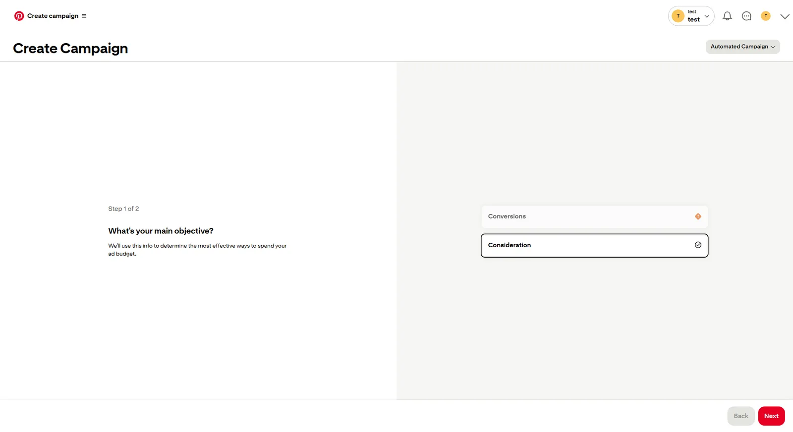 Choose your Pinterest ad campaign's main objective.
