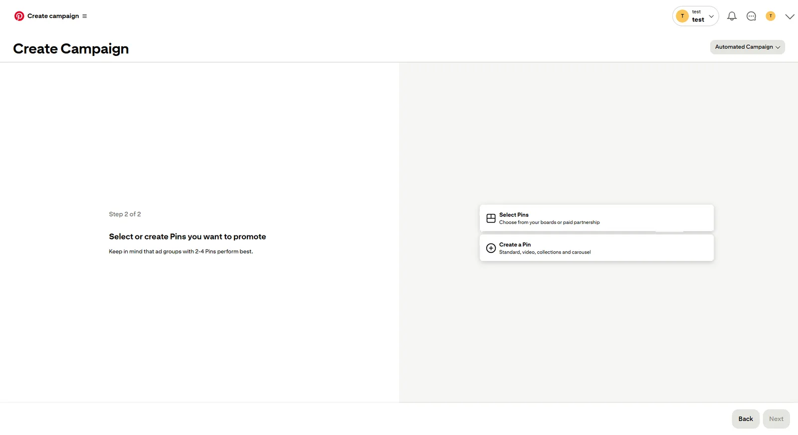 Decide whether to promote an existing pin or create a new pin for your ad.