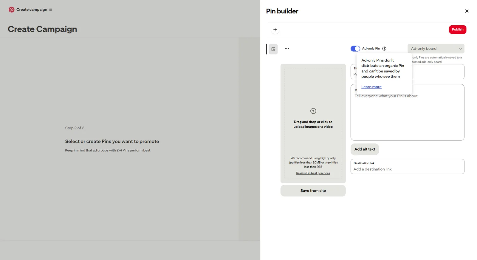 The Pinterest advertising pin builder.