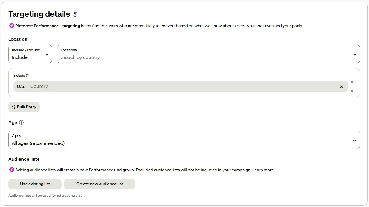 Set your Pinterest ad's targeting details.