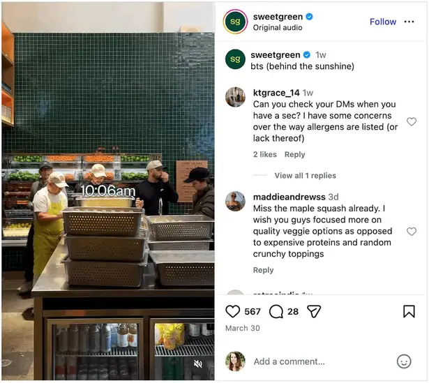 An Instagram post from Sweetgreen.