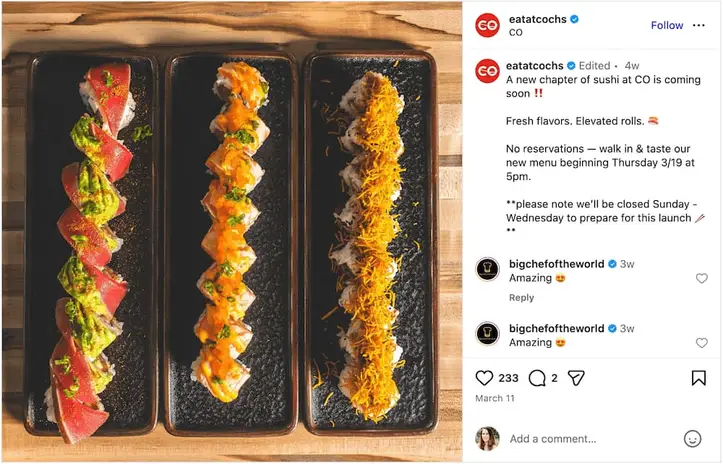 An Instagram post from @eatatcochs.