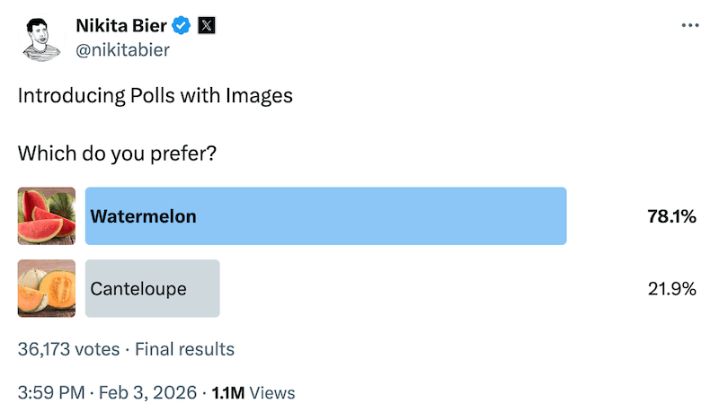 A poll on X/Twitter with images alongside each option.
