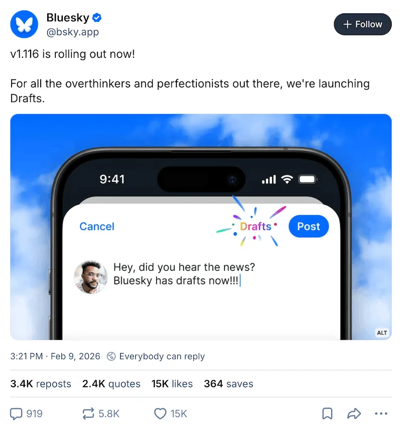 A Bluesky post announcing its new drafts feature.