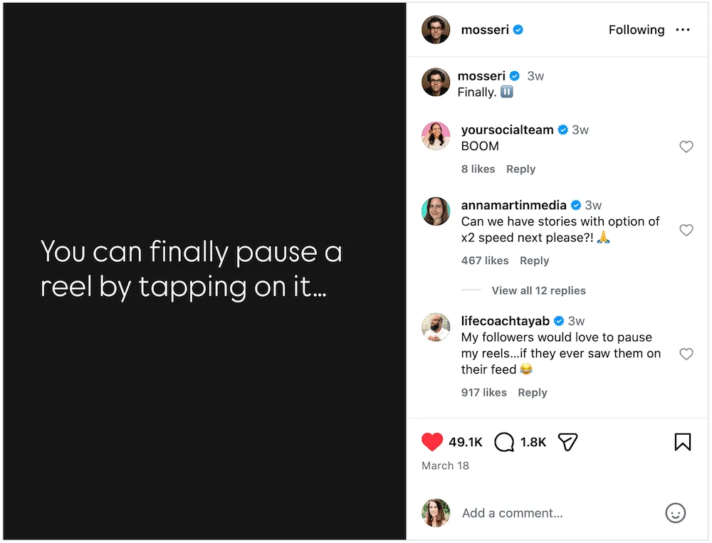 An Instagram post announcing that users can pause reels by tapping on them.