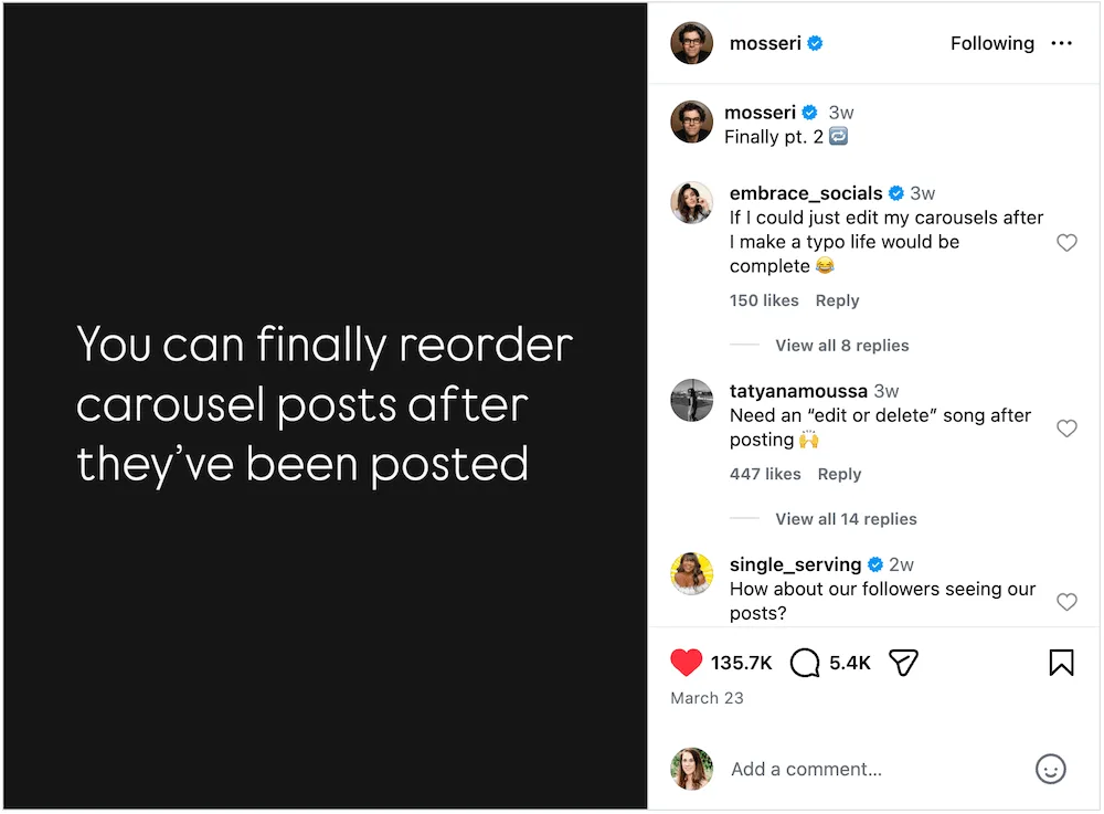 An Instagram post sharing that carousels can be reordered after posting.