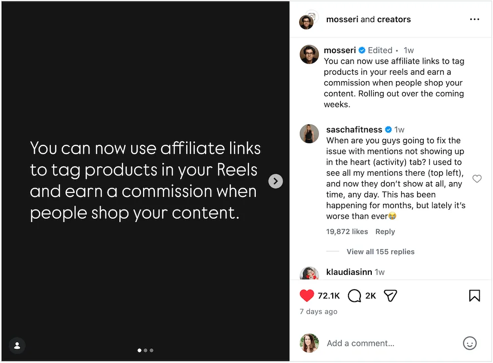 An Instagram post announcing that affiliate links can be added to posts.