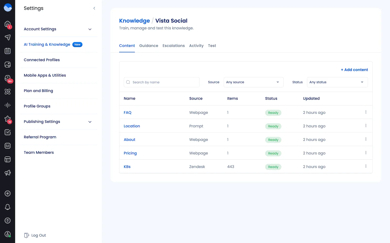 Vista Social's AI Knowledge dashboard.