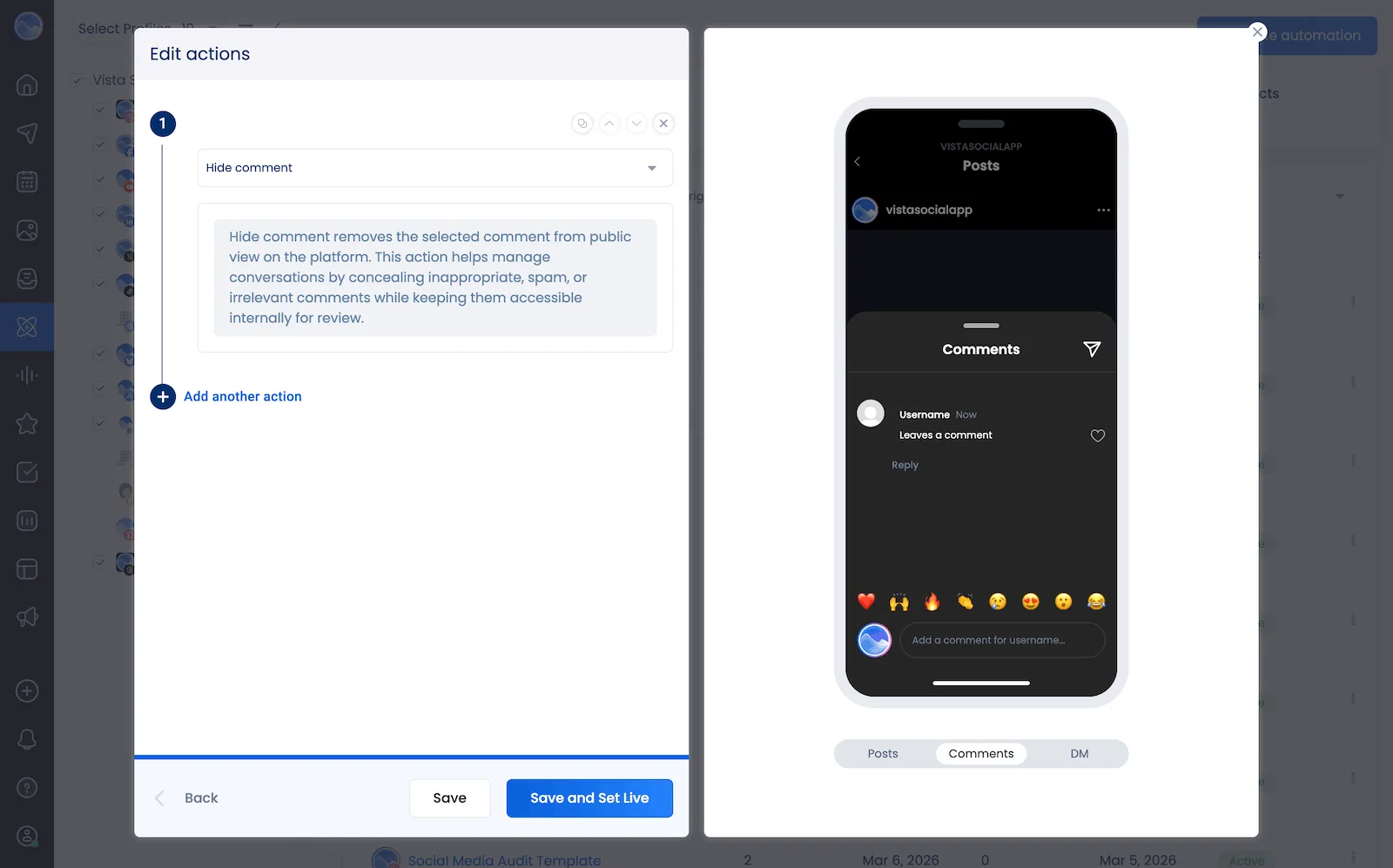 An automation to hide comments in Vista Social.