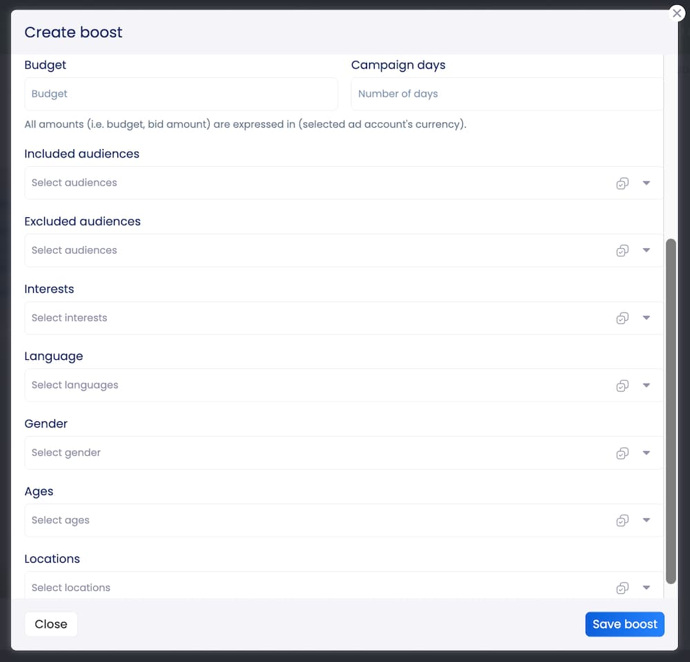 Set your boost settings for a promoted post in Vista Social.