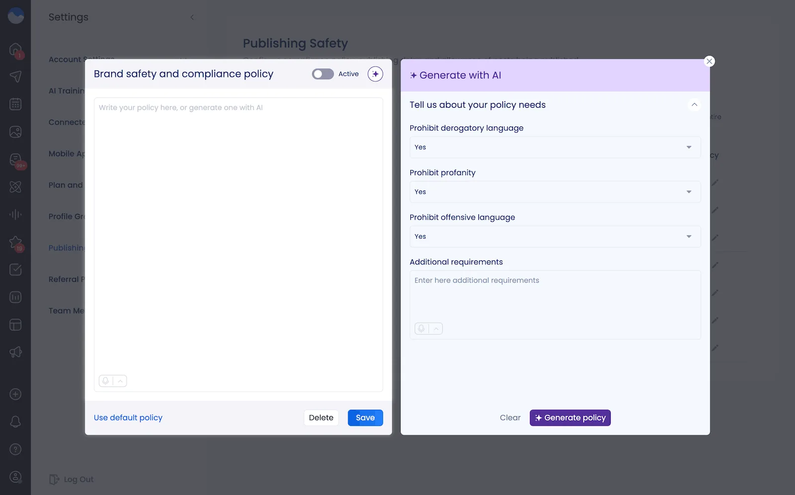 The Vista Social brand safety and compliance policy settings.