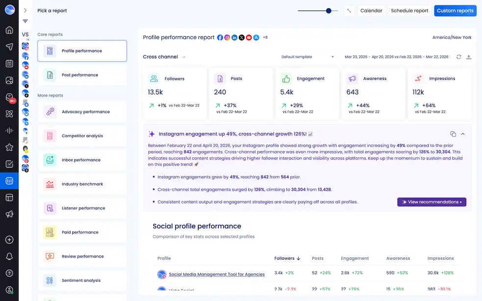 The cross-platform profile performance report in Vista Social.