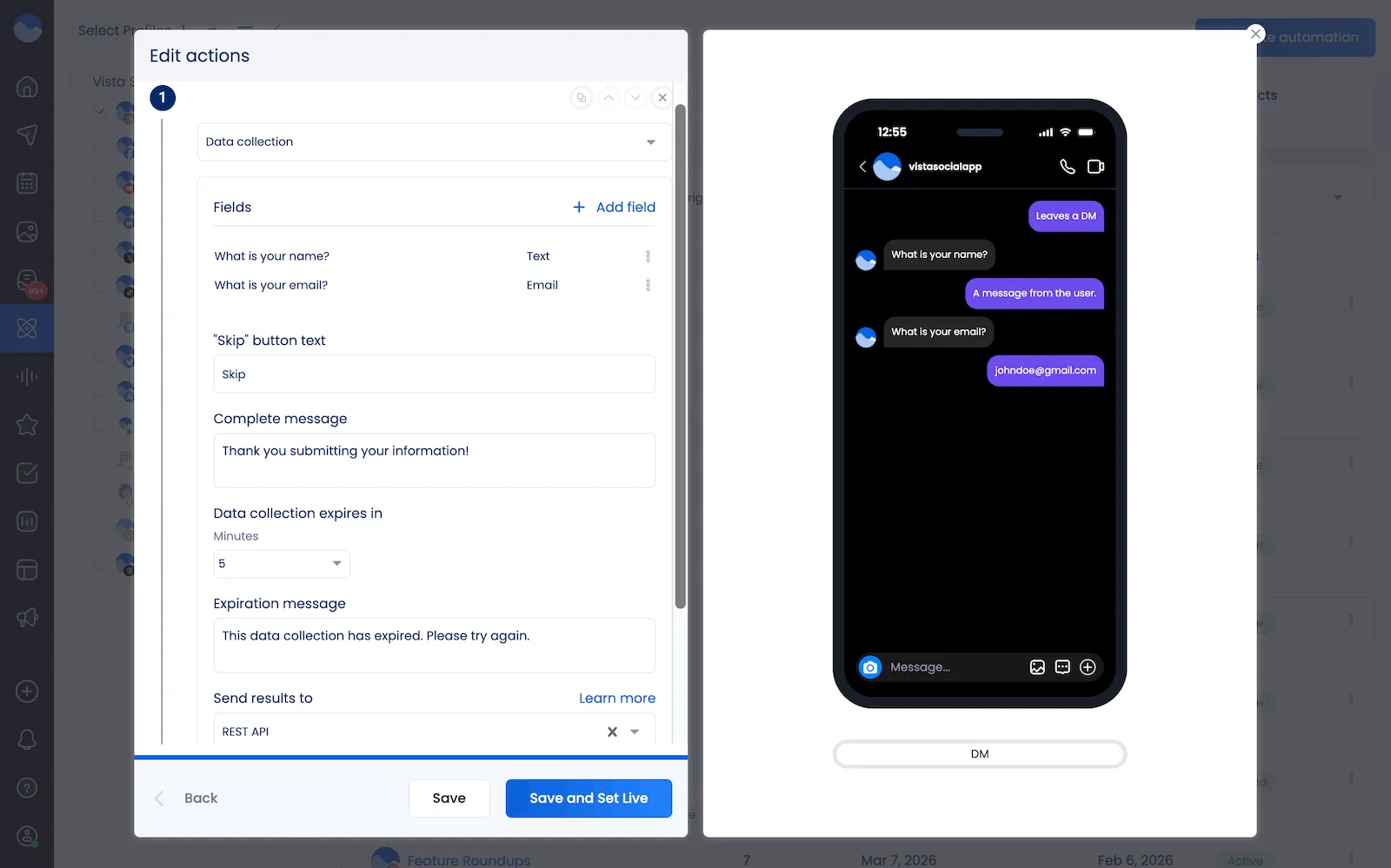 A DM automation for data collection set up in Vista Social's automations dashboard.