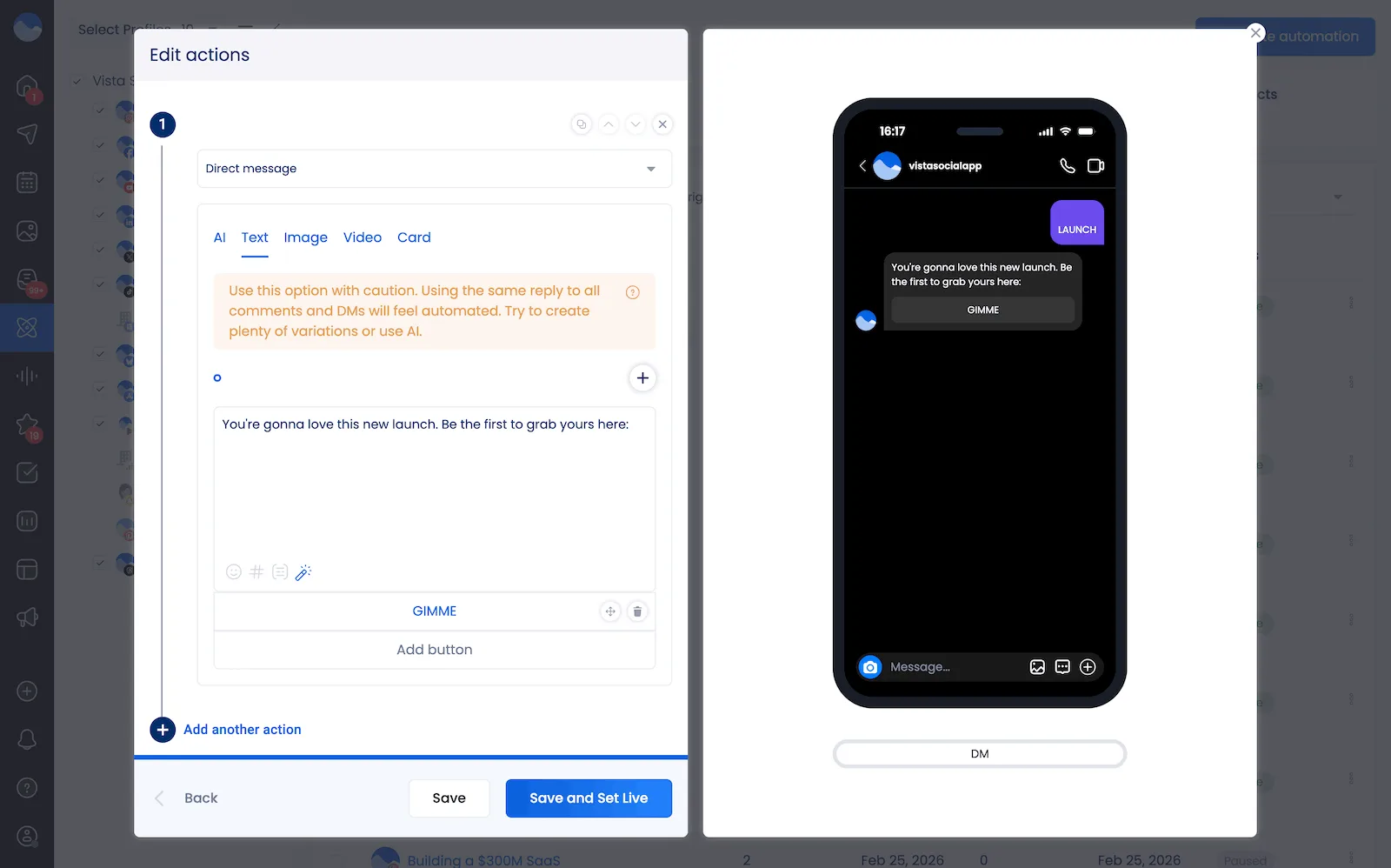 Adding actions into an Instagram DM automation in Vista Social.