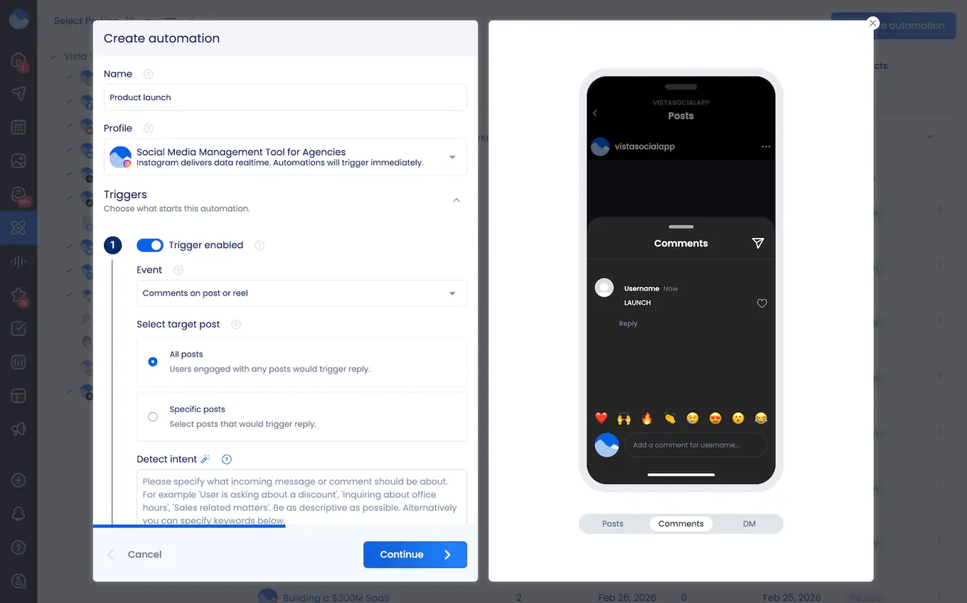 An Instagram DM automation being set up in Vista Social.