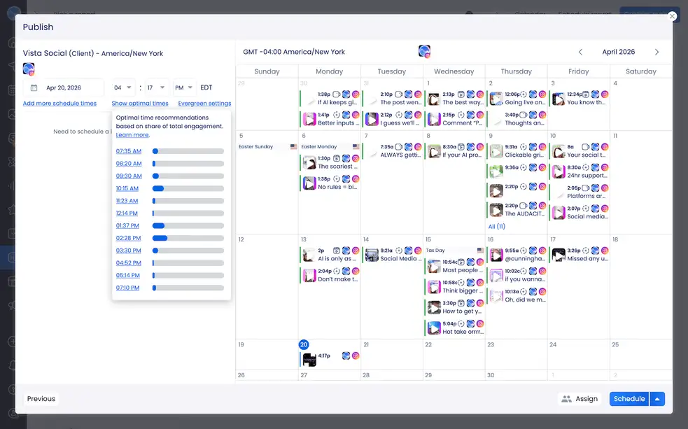 A screenshot showcasing Vista Social's optimal posting times for Instagram.