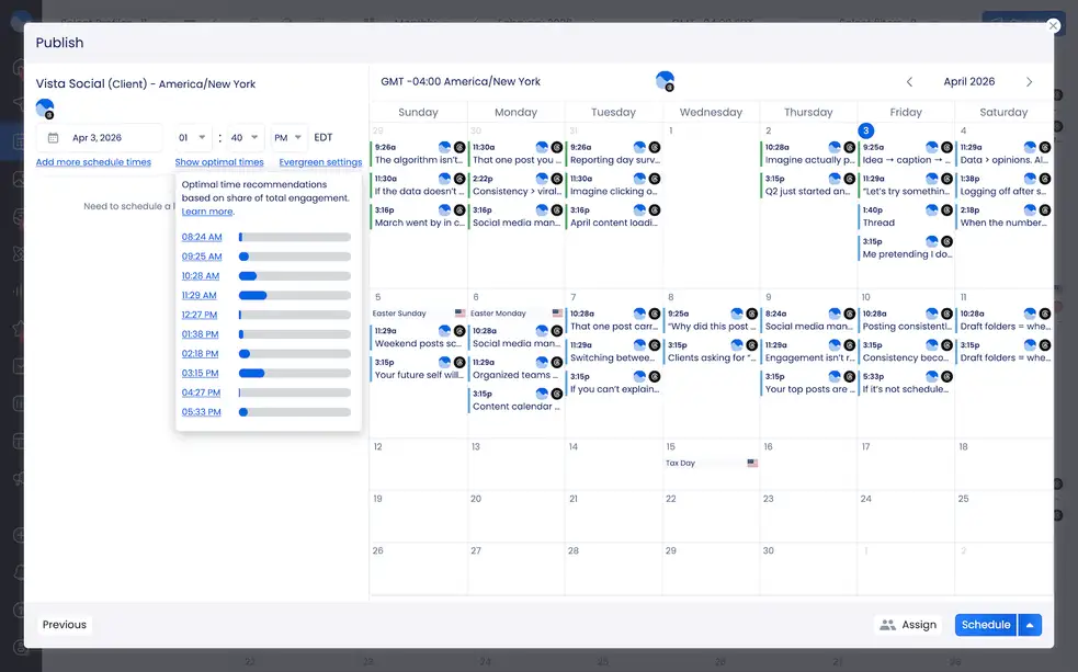 A screenshot showcasing Vista Social's optimal posting times for Threads.