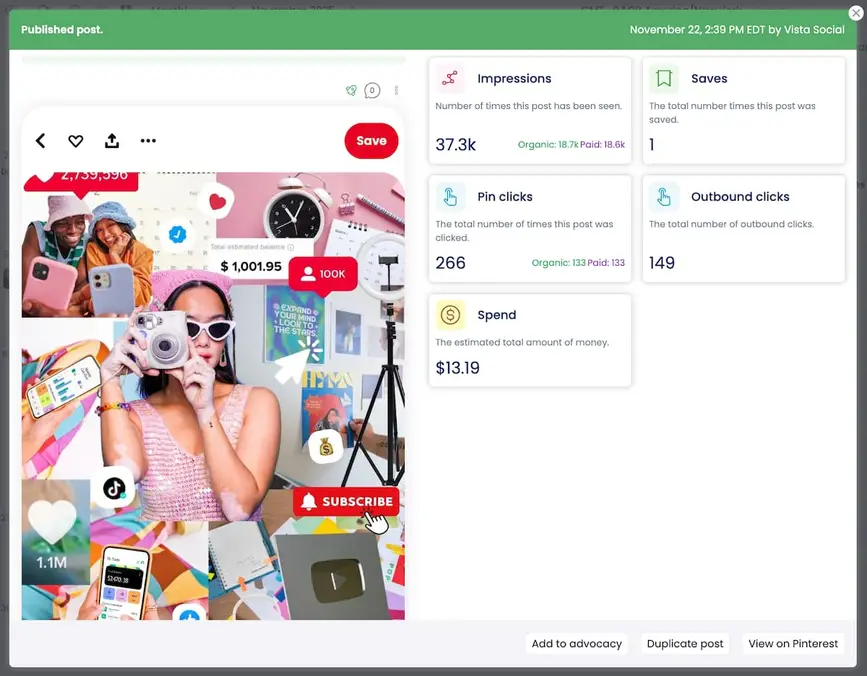 Results from a boosted pin in Vista Social.