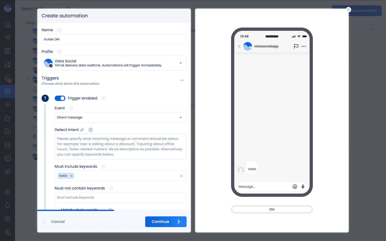A TikTok DM automation getting created inside Vista Social.