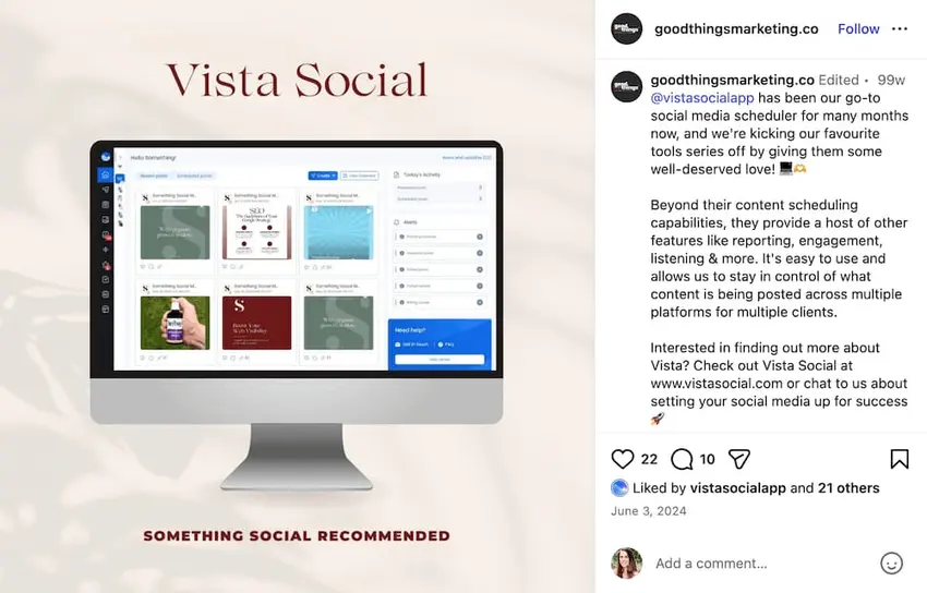 A screenshot of an Instagram post from an influencer talking about Vista Social.