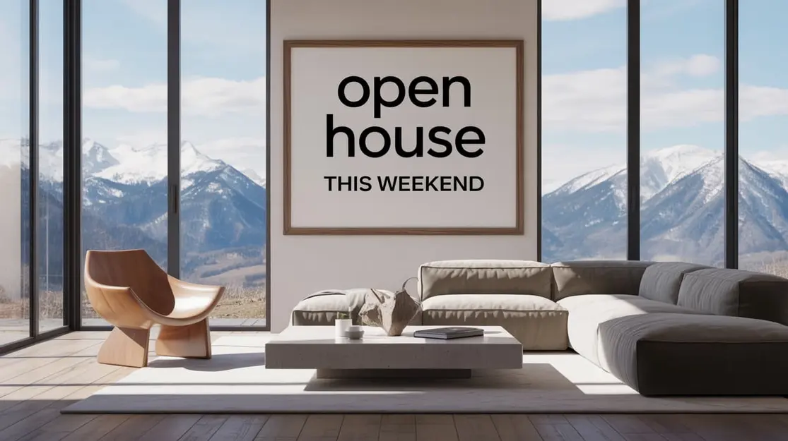 An AI generated image of a living room with an "Open House" sign in the background.