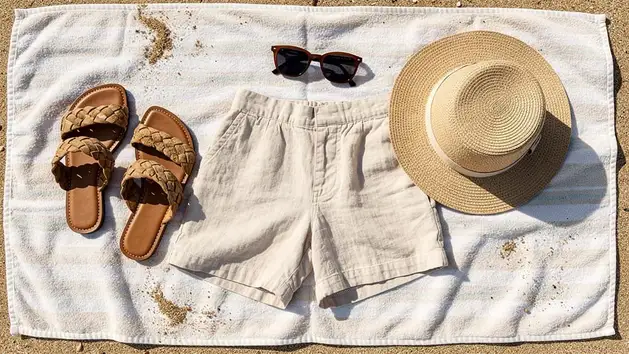 An AI generated image of a beach outfit flatlay atop a beach towel.