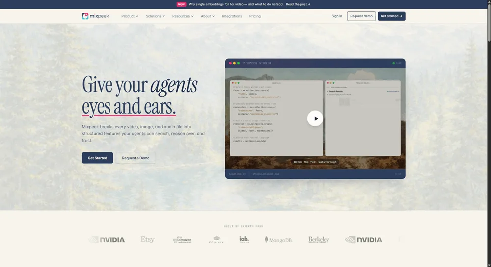 Mixpeek homepage promoting its multimodal AI platform for processing video, image, and audio content.